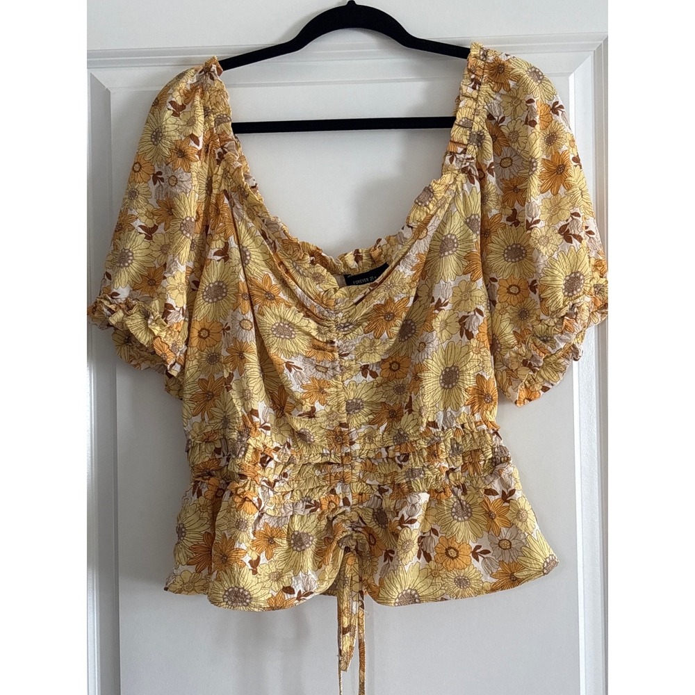 Forever 21 Yellow Sunflower Floral Smocked‎ Front Cinch Peplum Blouse 2X